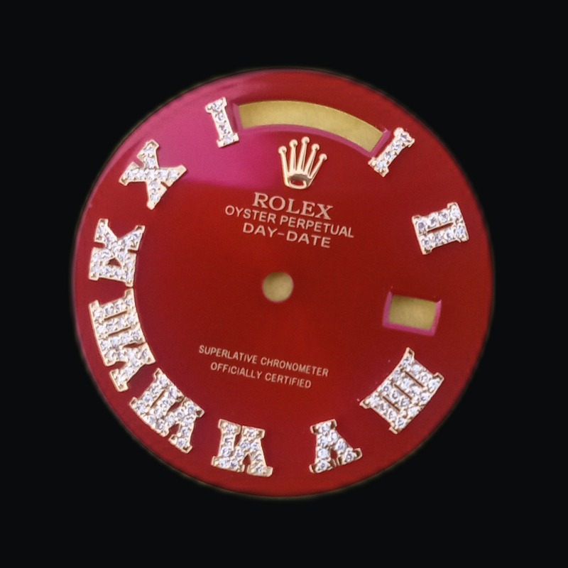 Coral red Day-Date dial with diamond Roman numerals