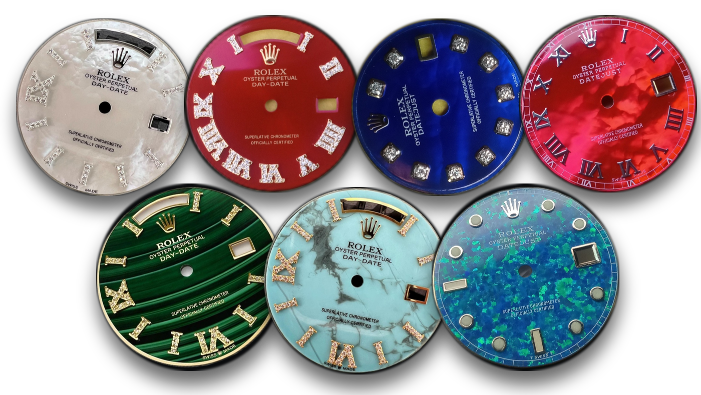 Seven custom-refinished dials — turquoise, malachite, blue opal, coral, red and white mother-of-pearl, and deep blue with diamond indices